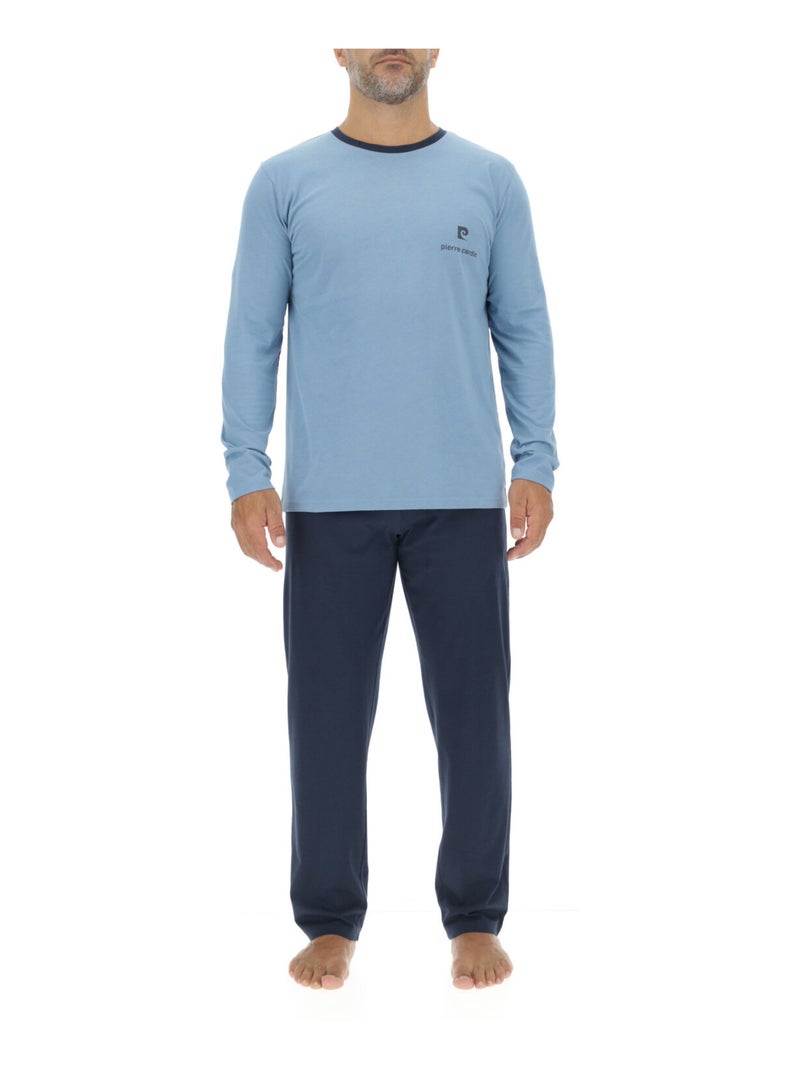 Ensemble Pyjama long homme en coton uni Logo poitrine Pierre Cardin Bleu - Kiabi