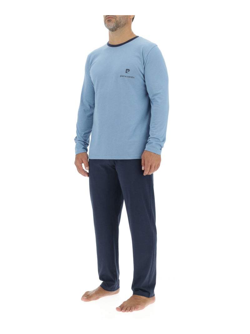 Ensemble Pyjama long homme en coton uni Logo poitrine Pierre Cardin Bleu - Kiabi