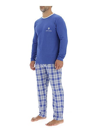 Ensemble Pyjama long homme en popeline à carreaux et Logo poitrine Pierre Cardin