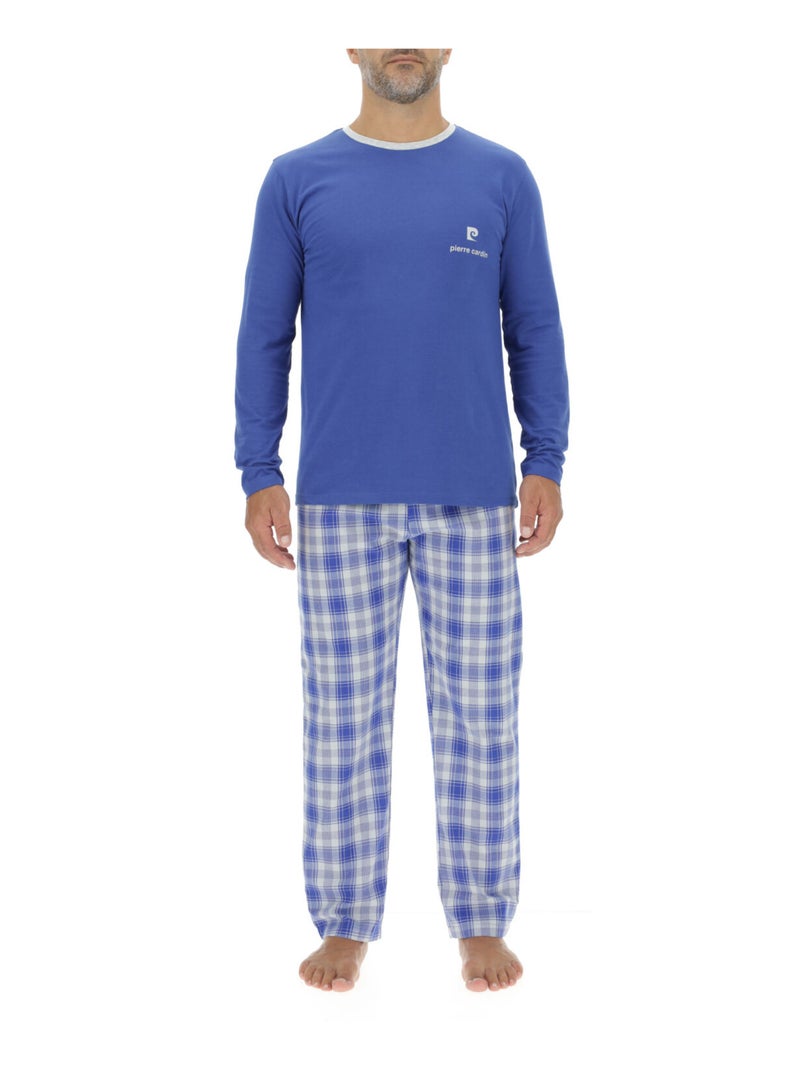 Ensemble Pyjama long homme en popeline à carreaux et Logo poitrine Pierre Cardin Bleu - Kiabi