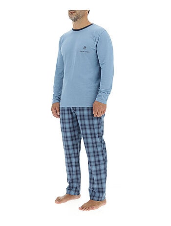 Ensemble Pyjama long homme en popeline à carreaux et Logo poitrine Pierre Cardin