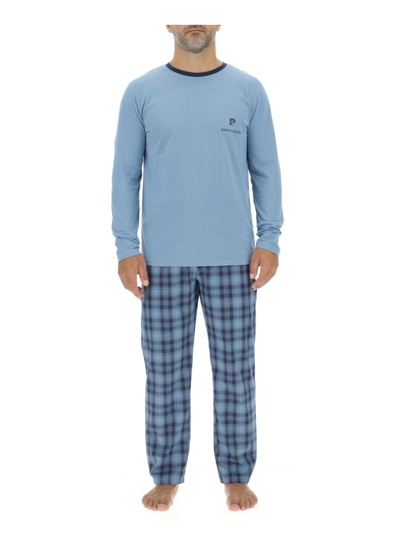 Ensemble Pyjama long homme en popeline à carreaux et Logo poitrine Pierre Cardin Bleu - Kiabi