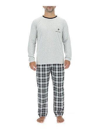 Ensemble Pyjama long homme en popeline à carreaux et Logo poitrine Pierre Cardin