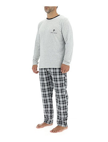 Ensemble Pyjama long homme en popeline à carreaux et Logo poitrine Pierre Cardin