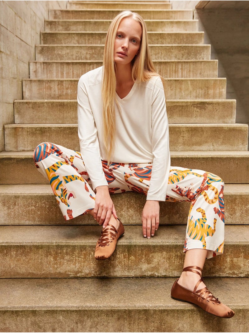 Ensemble pyjama pantalon imprimé tigres Ecru - Kiabi