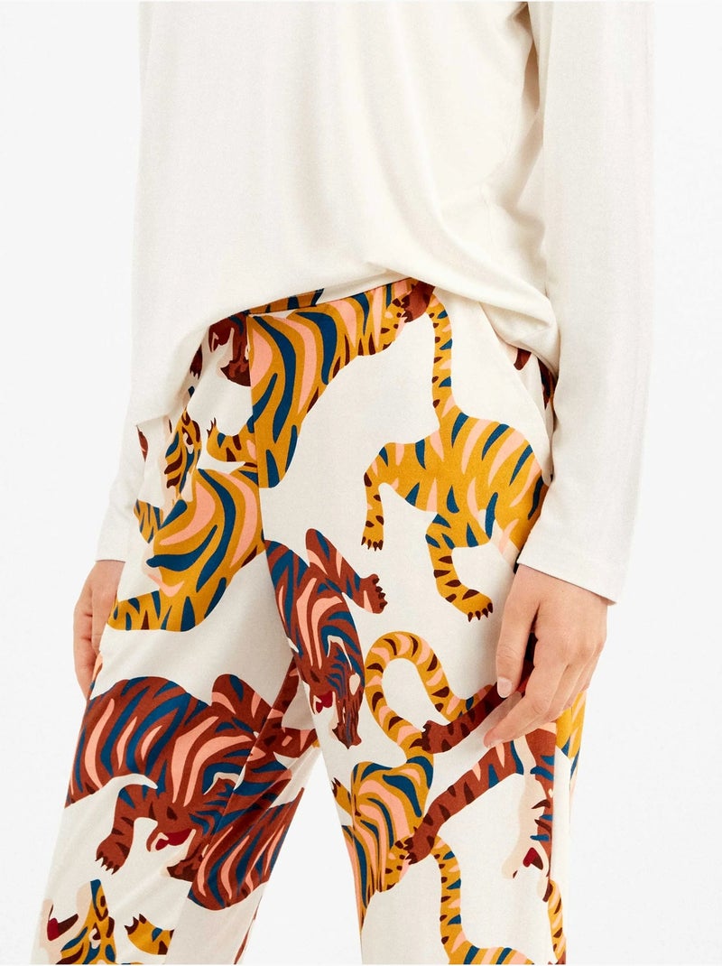 Ensemble pyjama pantalon imprimé tigres Ecru - Kiabi