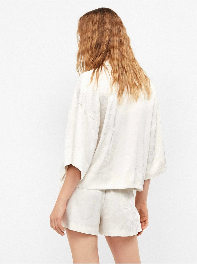 Ensemble pyjama short et chemise en tissu jacquard satiné Beige - Kiabi
