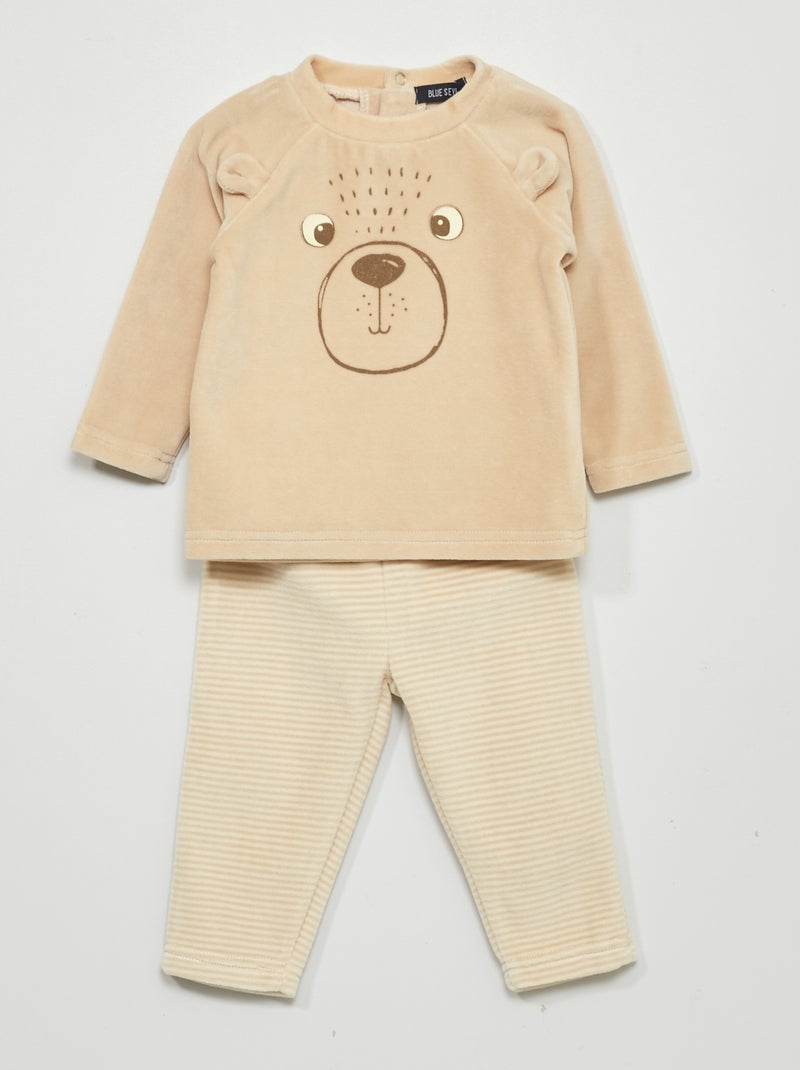 Ensemble pyjama t-shirt + pantalon en maille doudou - 2 pièces Beige - Kiabi