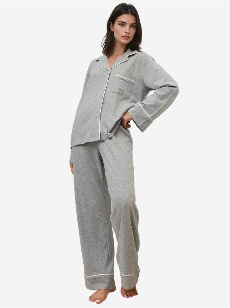 Ensemble pyjama taille haute à jambes larges et col chemise Gris clair - Kiabi