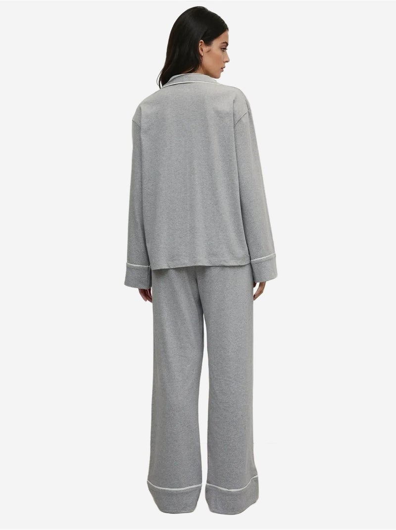 Ensemble pyjama taille haute à jambes larges et col chemise Gris clair - Kiabi