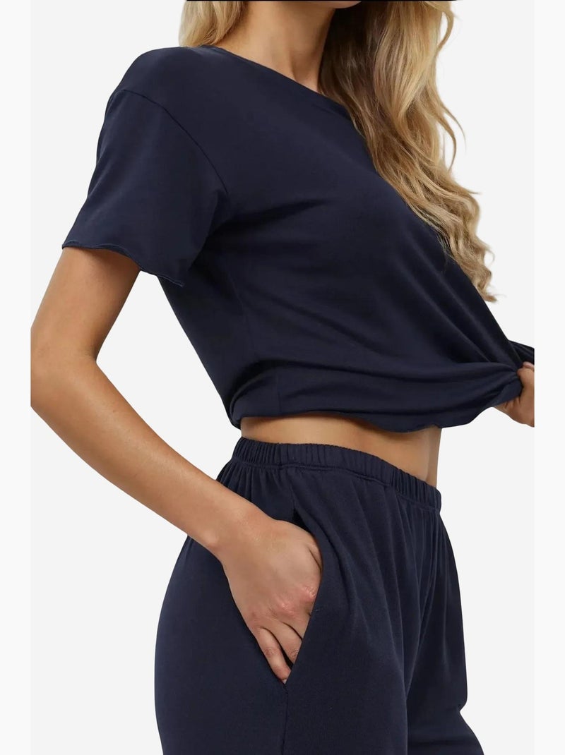Ensemble pyjama taille haute à jambes larges et col ras du cou hiccup Bleu marine - Kiabi
