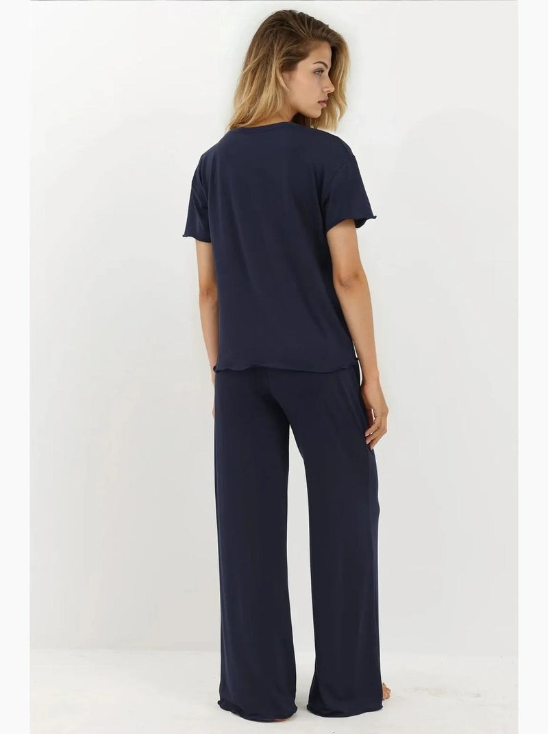 Ensemble pyjama taille haute à jambes larges et col ras du cou hiccup Bleu marine - Kiabi