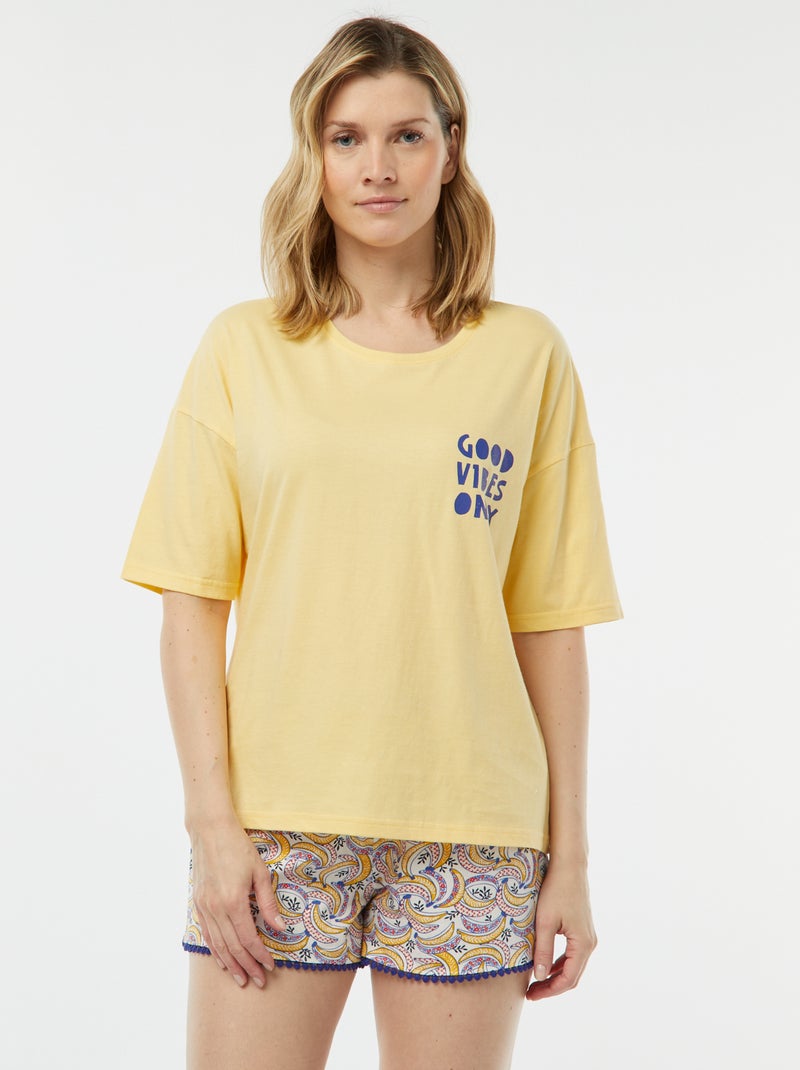 Ensemble pyjama tee-shirt à message + short imprimé Jaune - Kiabi