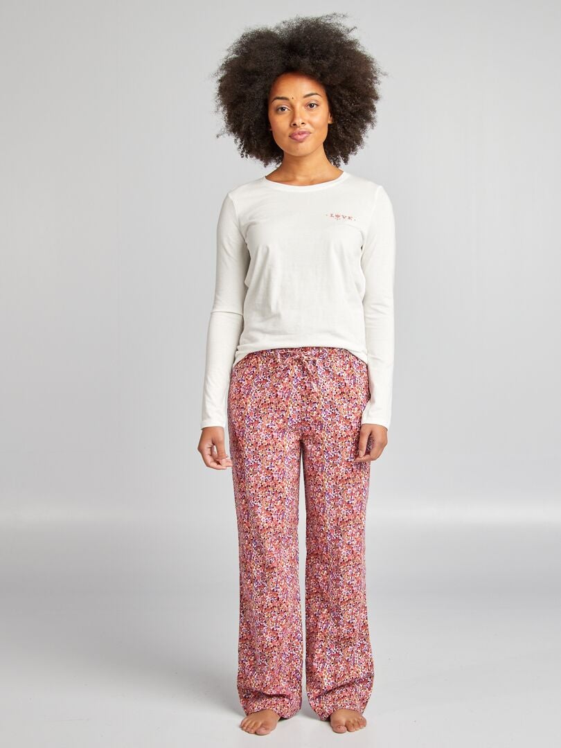 Ensemble pyjama tee-shirt + pantalon imprimé Blanc/rose fleuri - Kiabi