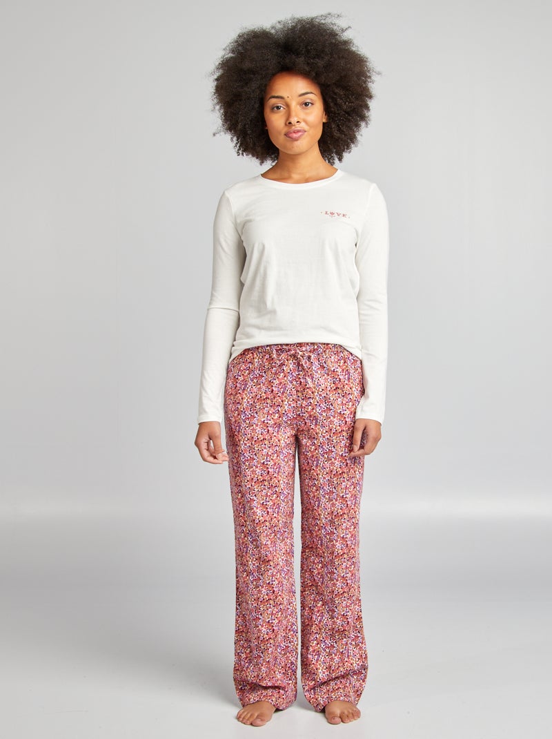 Ensemble pyjama tee-shirt + pantalon imprimé Blanc/rose fleuri - Kiabi