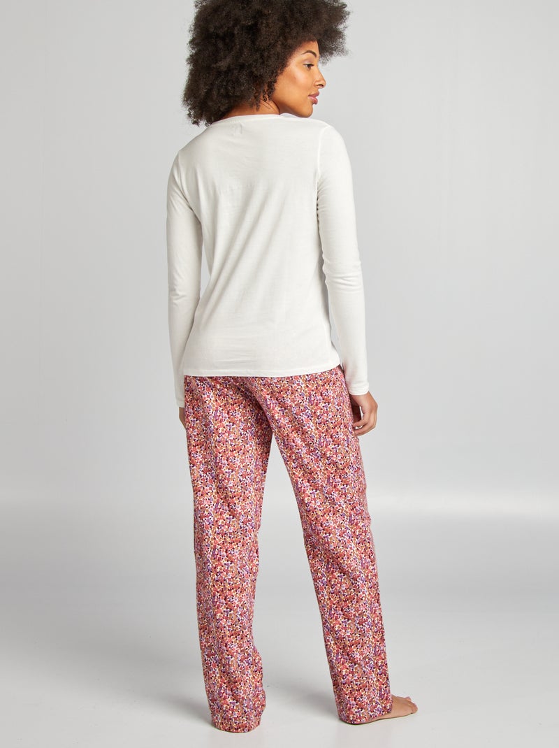 Ensemble pyjama tee-shirt + pantalon imprimé Blanc/rose fleuri - Kiabi