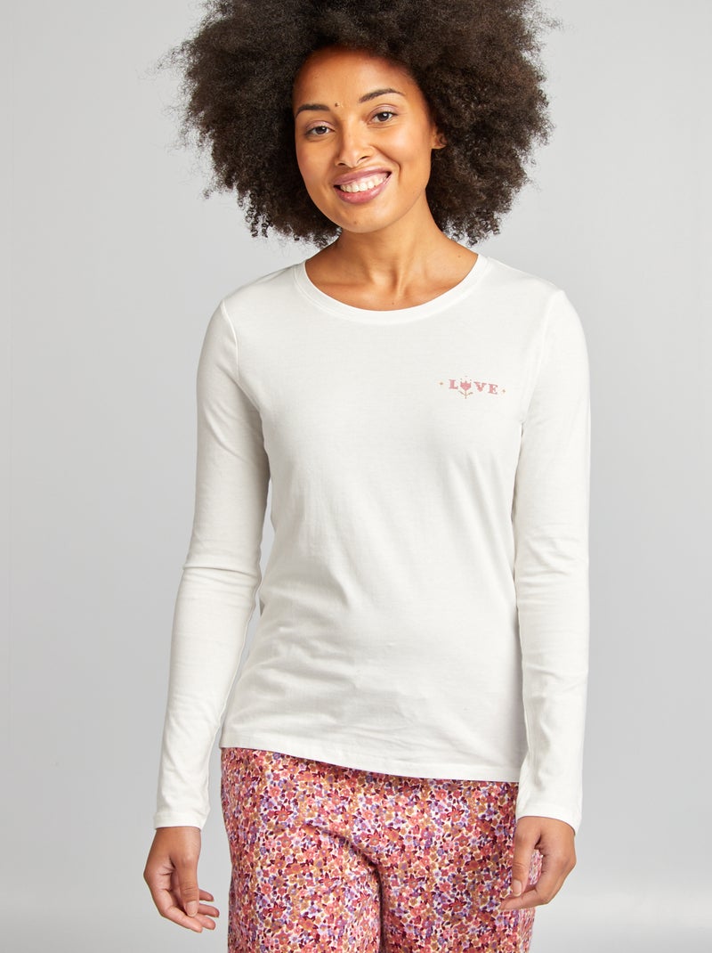 Ensemble pyjama tee-shirt + pantalon imprimé Blanc/rose fleuri - Kiabi
