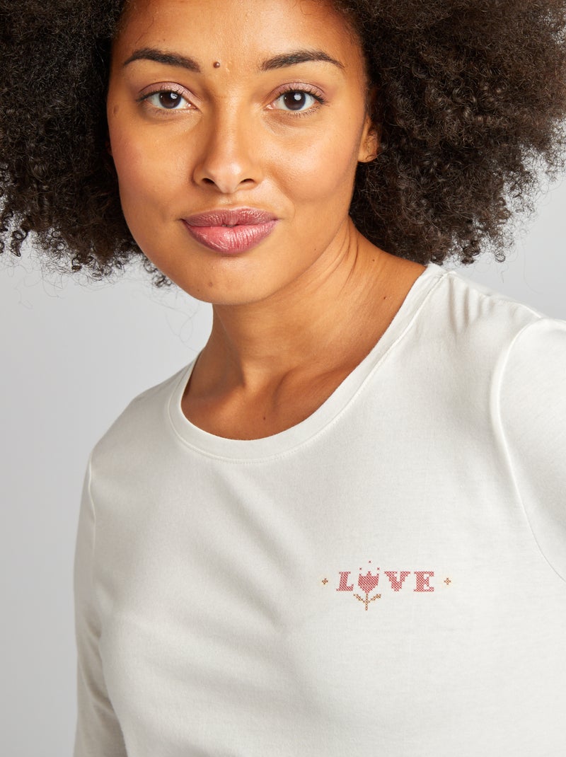 Ensemble pyjama tee-shirt + pantalon imprimé Blanc/rose fleuri - Kiabi
