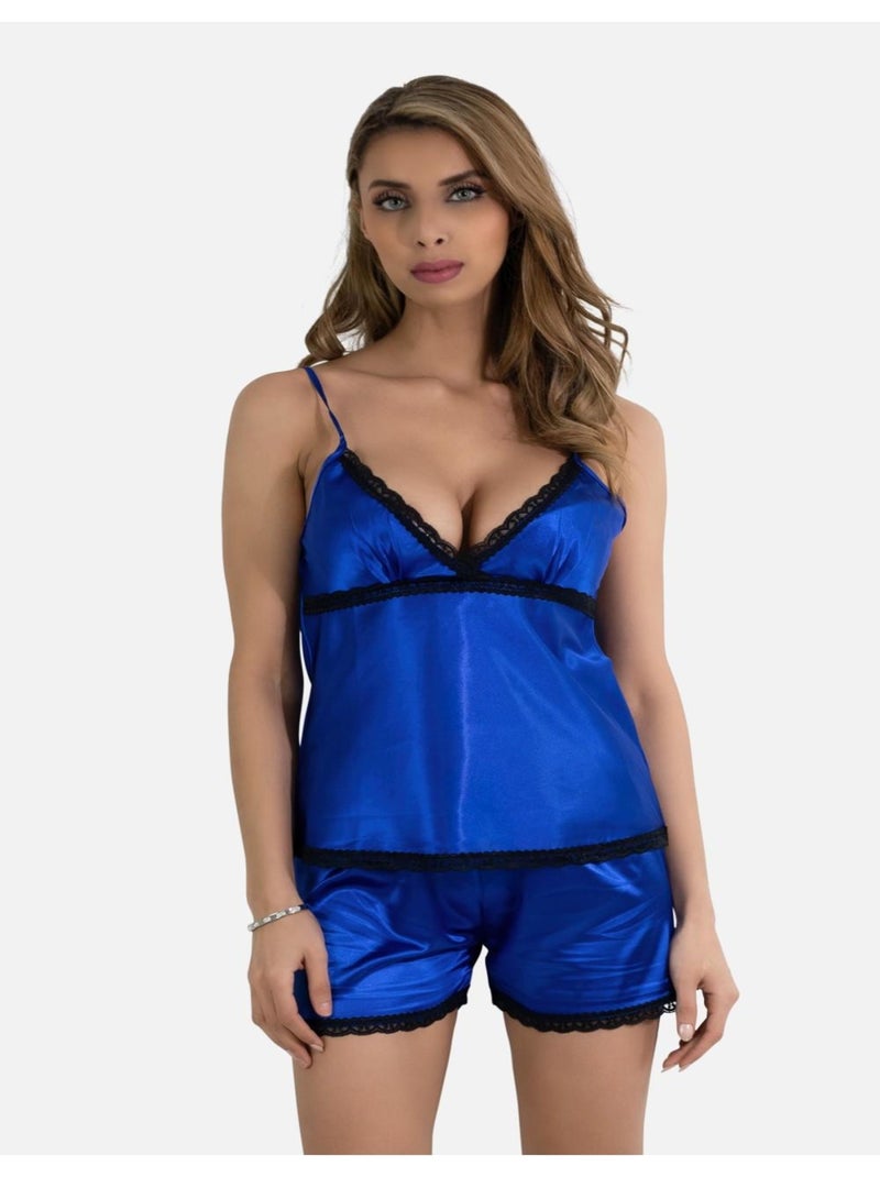 Ensemble pyjashort fines bretelles en satin Kebello Bleu - Kiabi