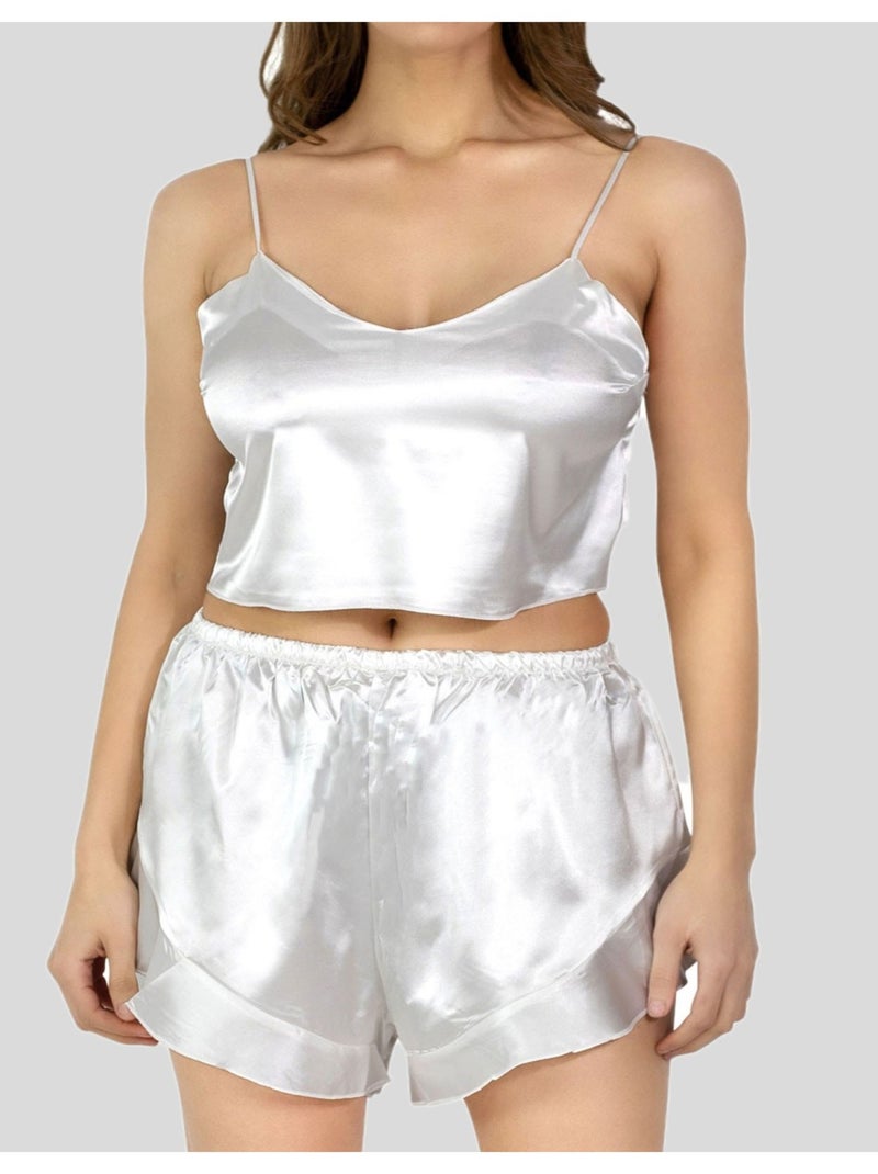 Ensemble Pyjashort fluide en satin Kebello Blanc - Kiabi