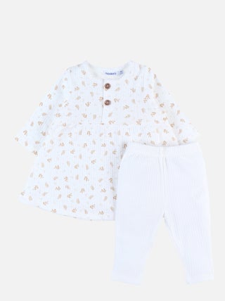 Ensemble robe imprimé végétal + legging en jersey côtelé, écru/caramel Noukie's