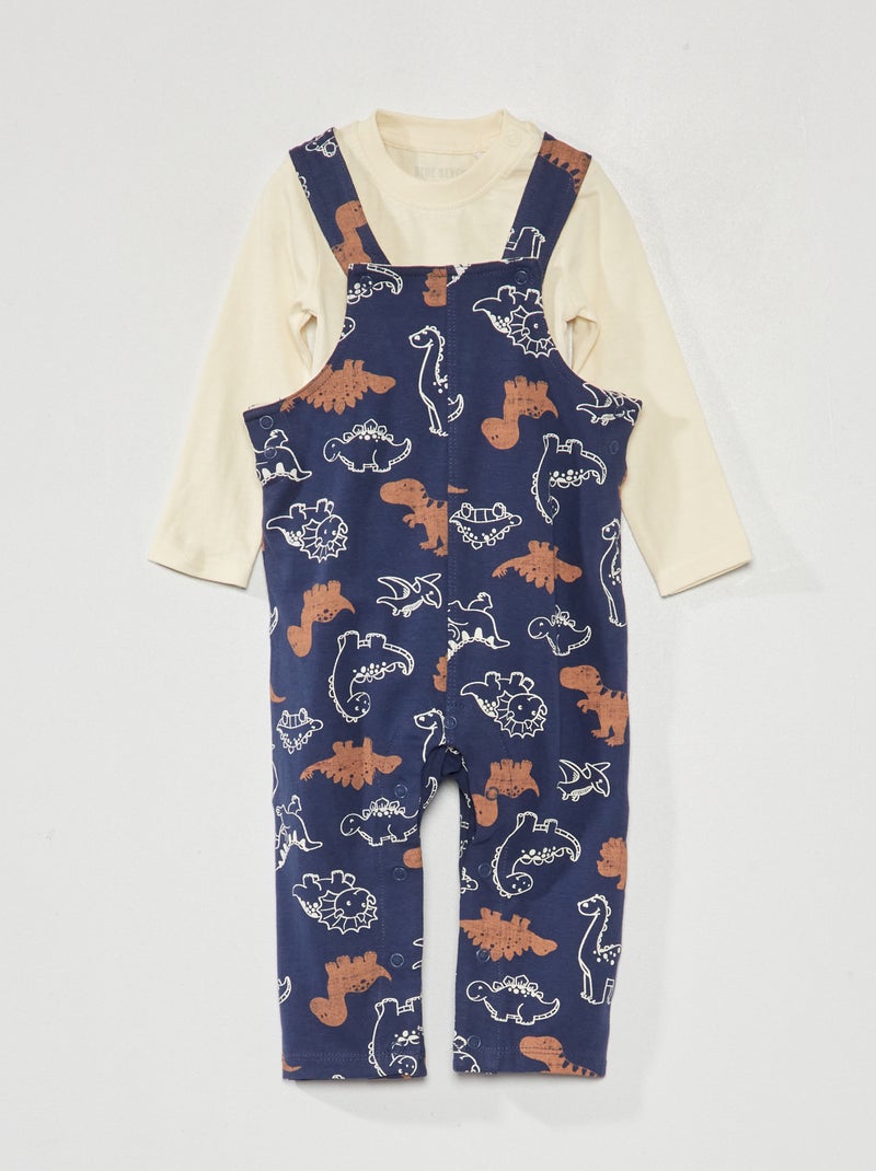 Ensemble Salopette à motif 'dinosaures' + body blanc/bleu - Kiabi