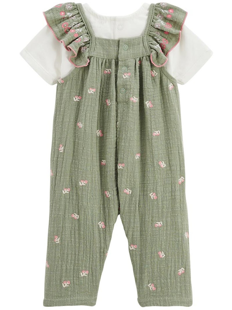 Ensemble salopette bébé en gaze de coton et t-shirt Anaelle Kaki - Kiabi