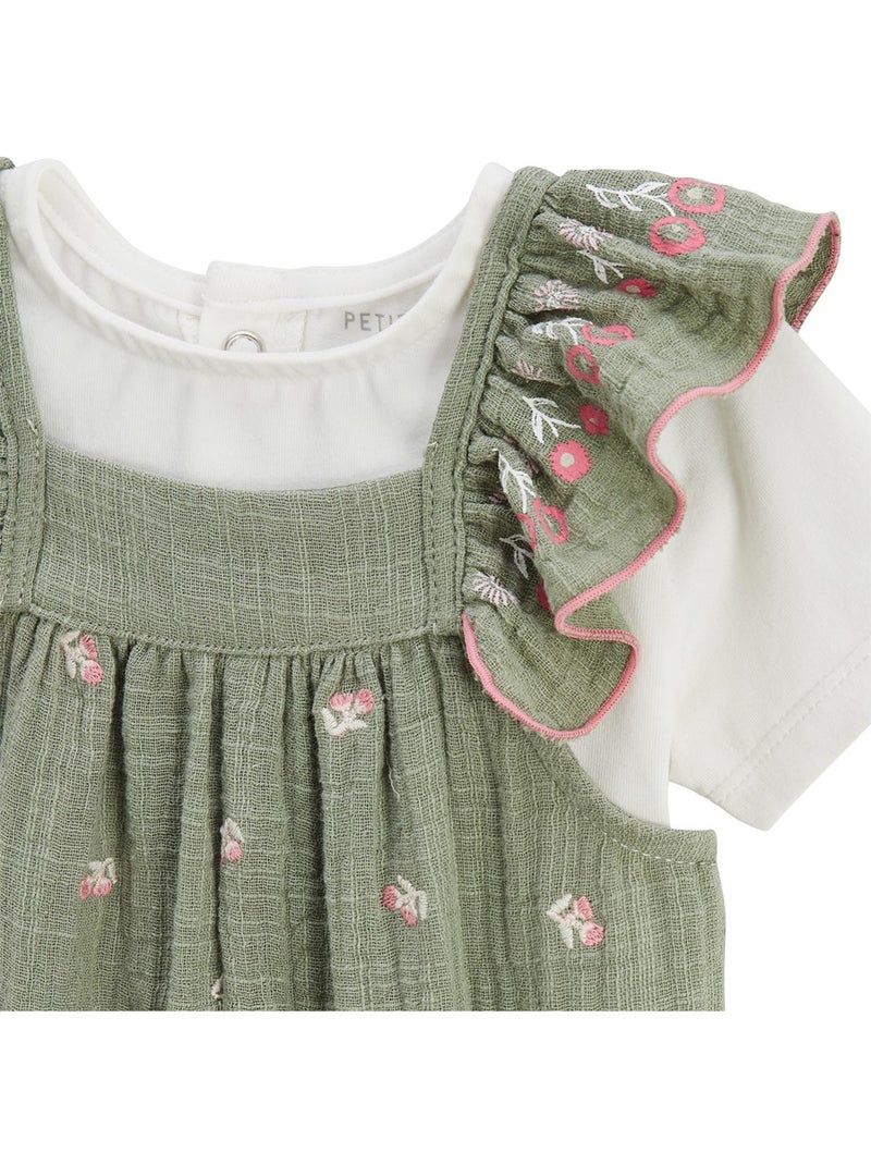 Ensemble salopette bébé en gaze de coton et t-shirt Anaelle Kaki - Kiabi