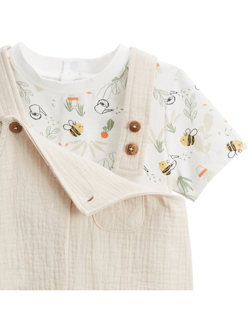 Ensemble salopette bébé en gaze de coton et t-shirt Eden Beige - Kiabi
