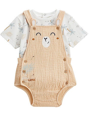 Ensemble salopette bébé en gaze de coton et t-shirt Noisette
