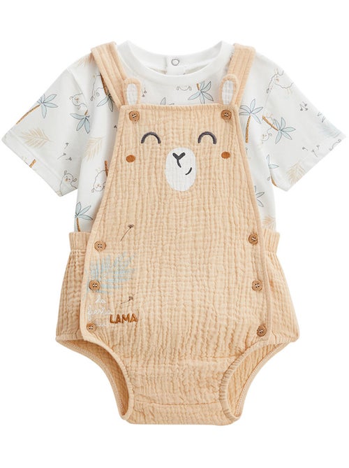 Ensemble salopette bébé en gaze de coton et t-shirt Noisette - Kiabi