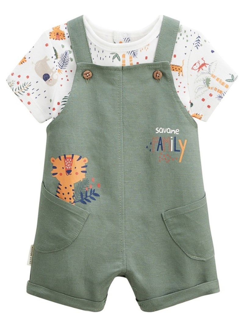Ensemble salopette bébé en lin et t-shirt Savane Family Kaki - Kiabi
