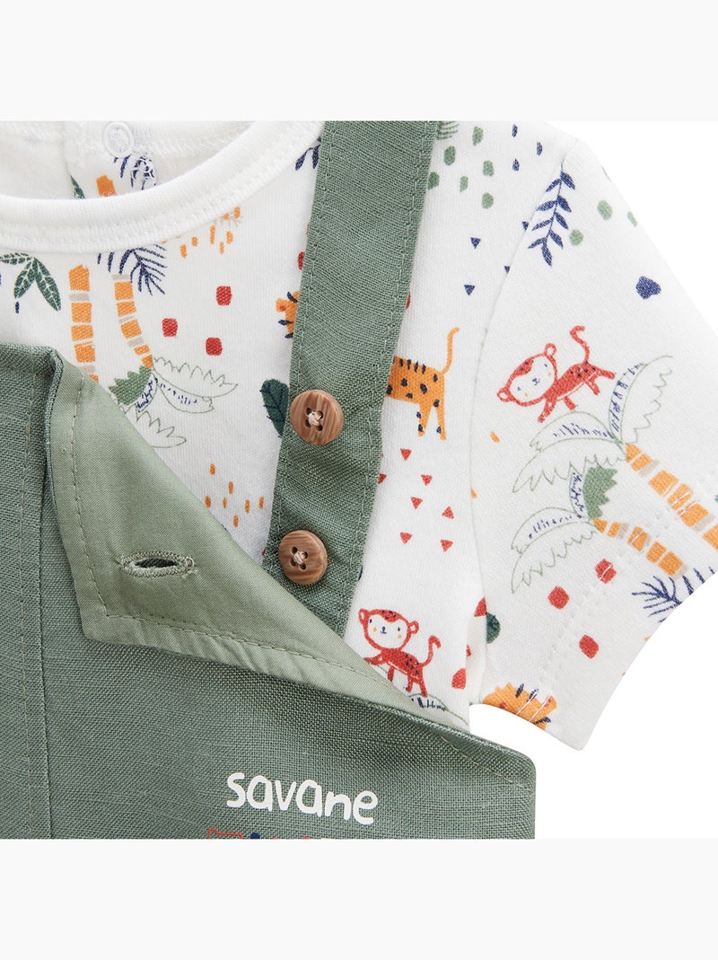 Ensemble salopette bébé en lin et t-shirt Savane Family Kaki - Kiabi