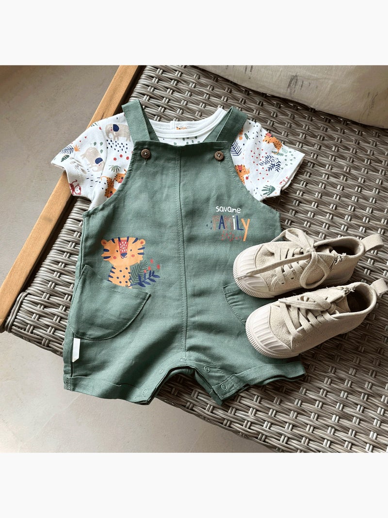 Ensemble salopette bébé en lin et t-shirt Savane Family Kaki - Kiabi