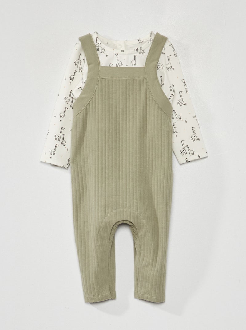 Ensemble salopette côtelée + body manches longues Blanc/vert tilleul - Kiabi