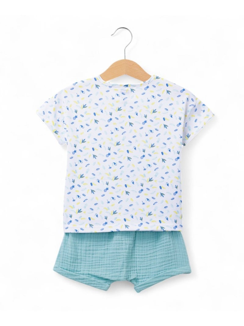 Ensemble short + haut 100% coton - Terre de Marins Blanc Bleu - Kiabi