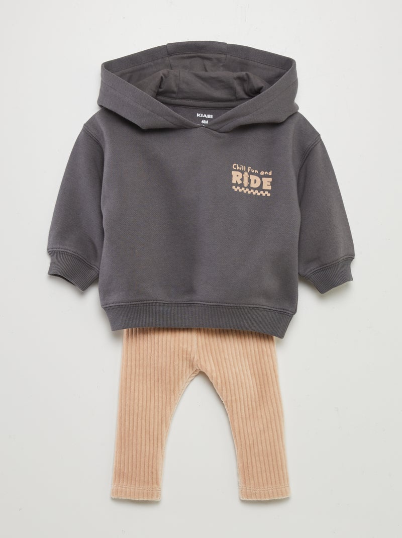 Ensemble sweat à capuche + pantalon en velours  - 2 pièces GRIS - Kiabi