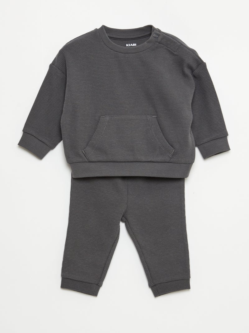 Ensemble sweat + pantalon en matière nid d'abeilles - 2 pièces gris - Kiabi