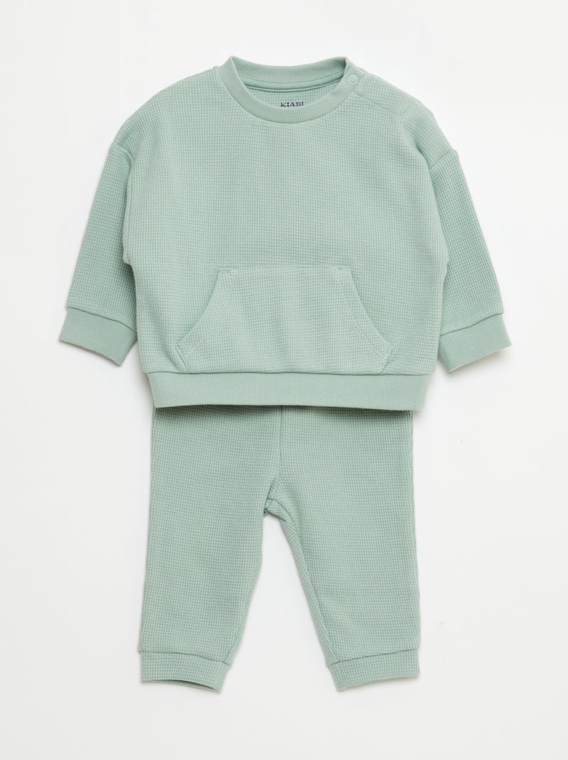 Ensemble sweat + pantalon en matière nid d'abeilles - 2 pièces Vert - Kiabi