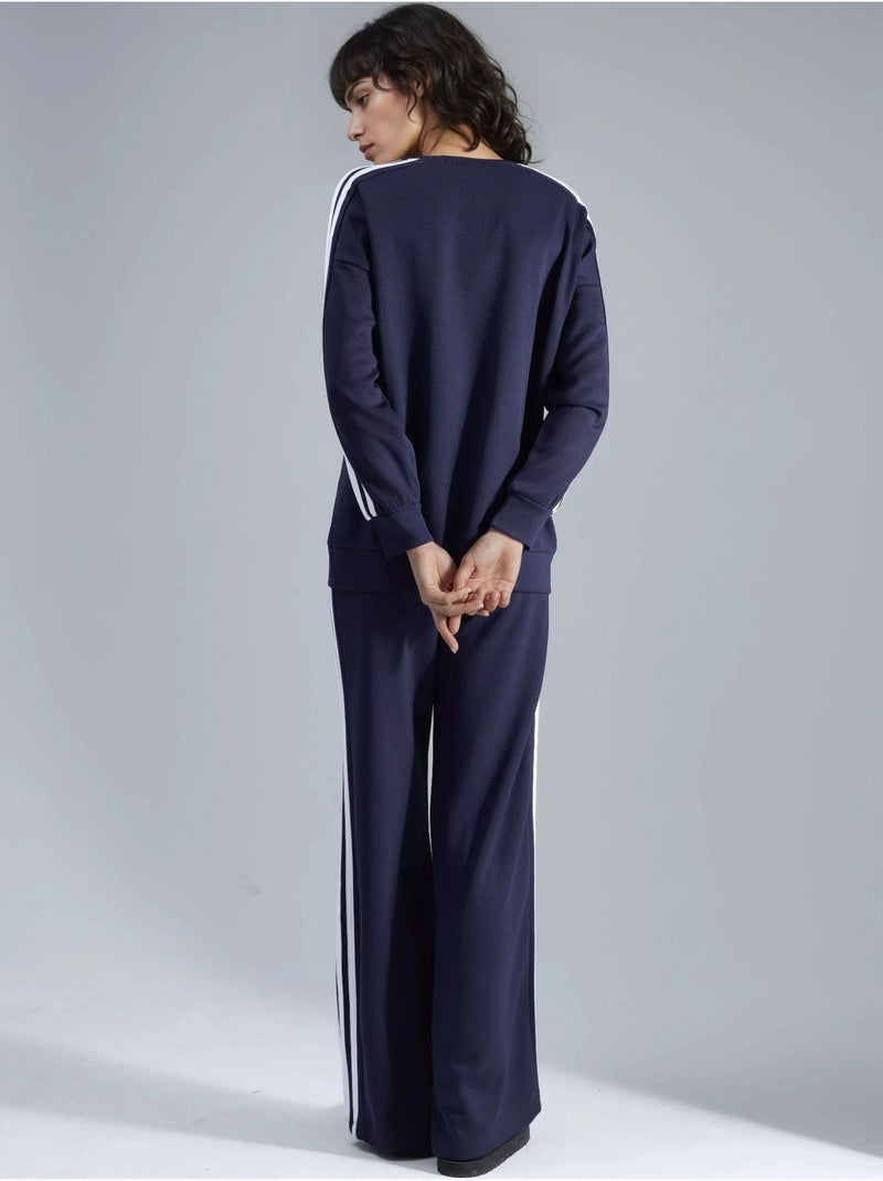 Ensemble sweat-shirt rayé à col rond et pantalon droit hiccup Bleu marine - Kiabi