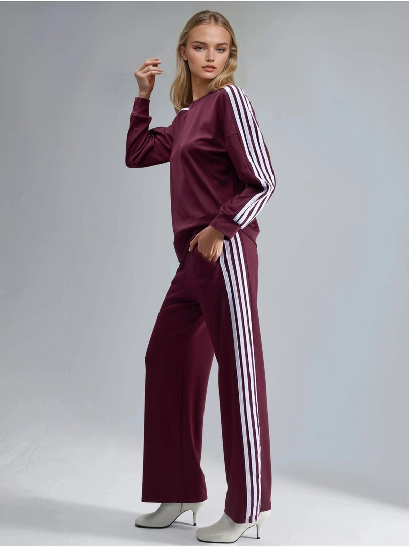 Ensemble sweat-shirt rayé à col rond et pantalon droit hiccup Rouge bordeaux - Kiabi