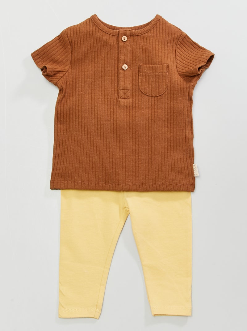 Ensemble t-shirt col boutonné et legging Marron/jaune - Kiabi