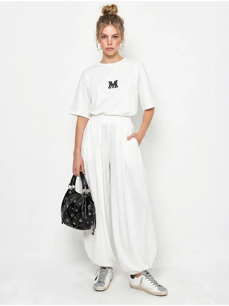 Ensemble t-shirt col rond et pantalon large lucci Blanc - Kiabi