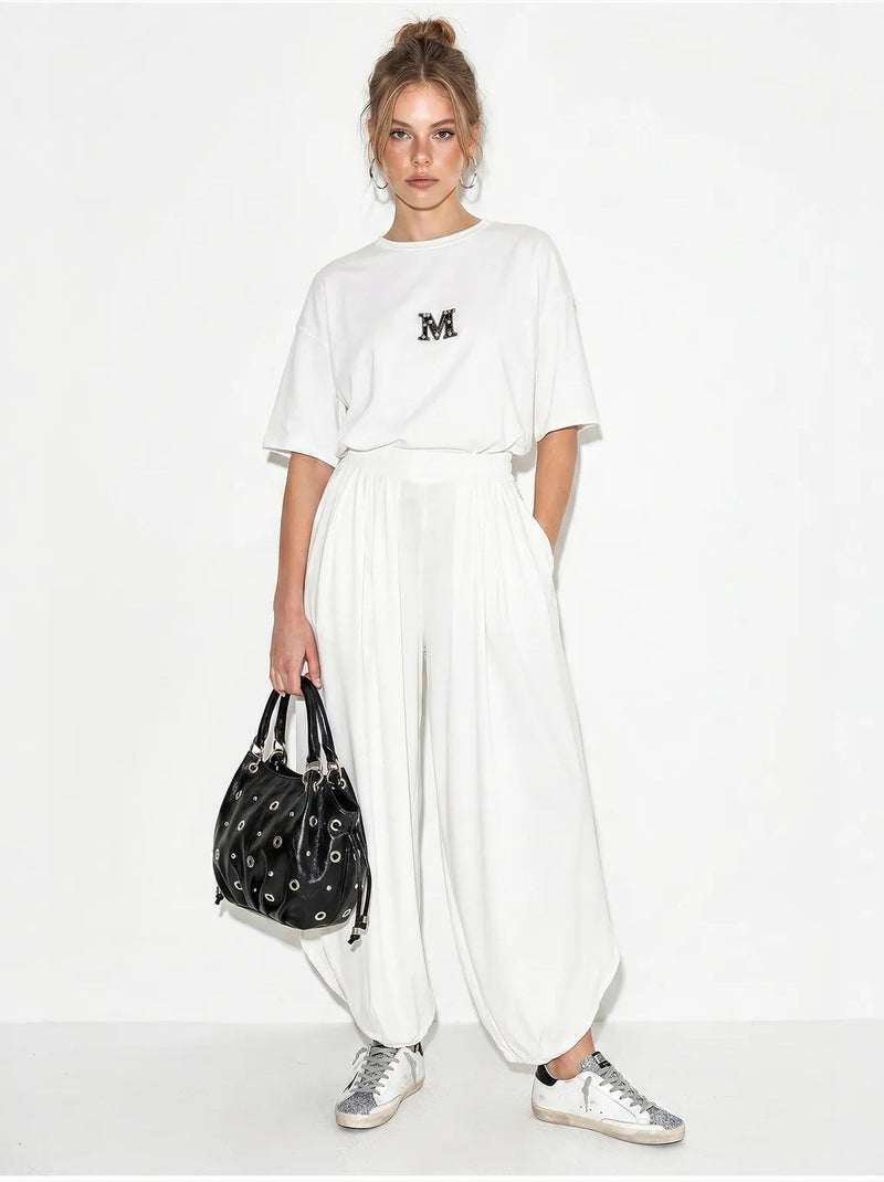 Ensemble t-shirt col rond et pantalon large lucci Blanc - Kiabi
