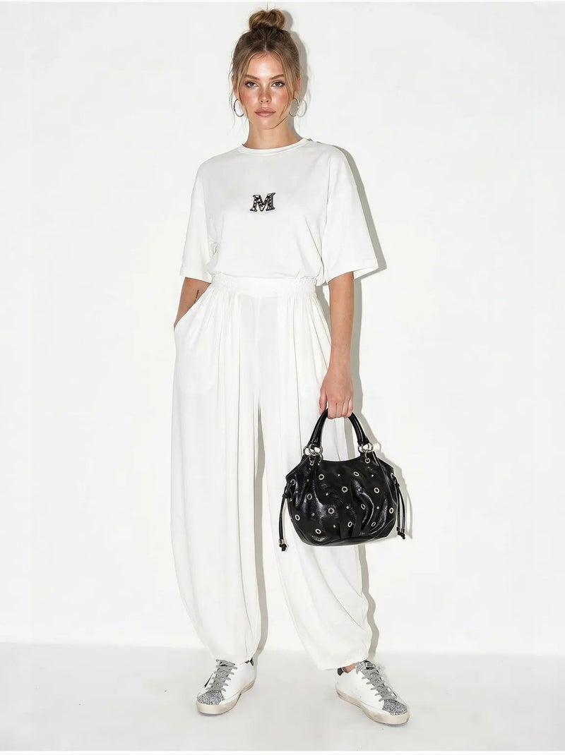 Ensemble t-shirt col rond et pantalon large lucci Blanc - Kiabi