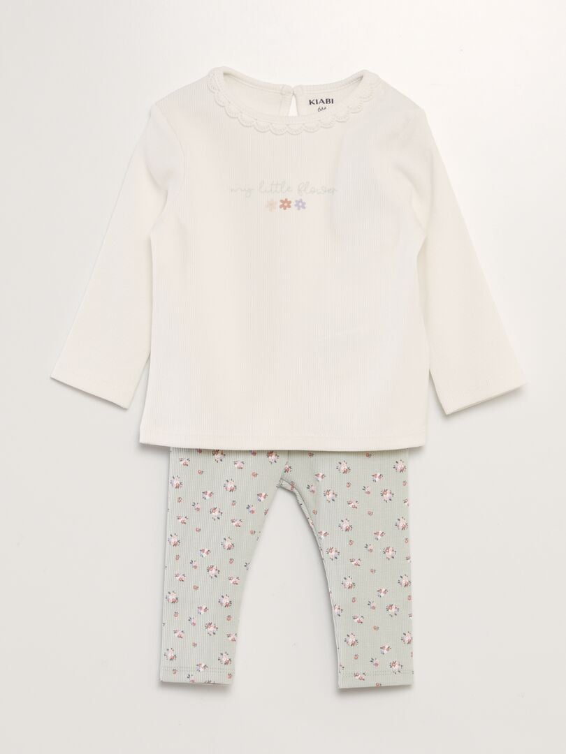 Ensemble t-shirt + legging côtelé - 2 pièces Blanc/vert - Kiabi