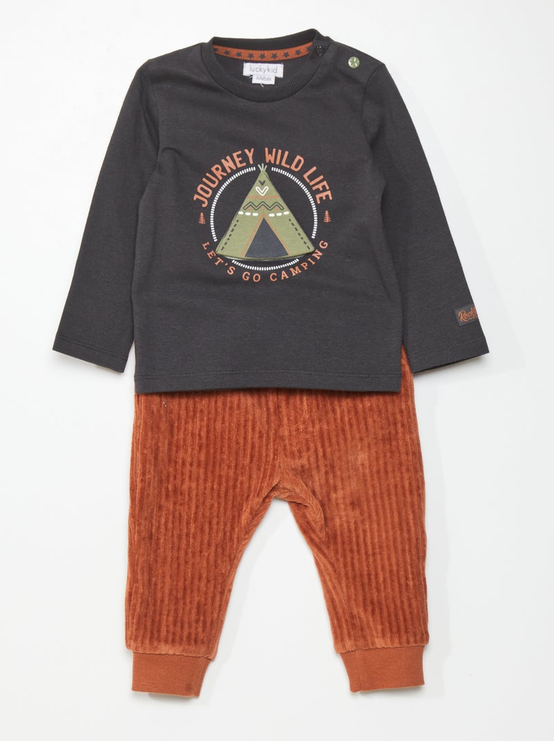Ensemble t-shirt + legging en velours Noir/marron - Kiabi