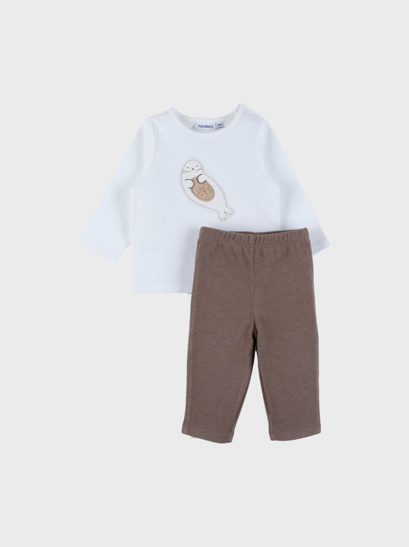 Ensemble t-shirt manches longues et legging en jersey côtelé brodé Noukie's Blanc - Kiabi