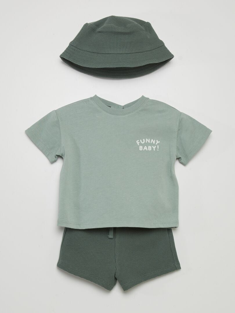 Ensemble t-shirt + short + bob - 3 pièces Vert - Kiabi