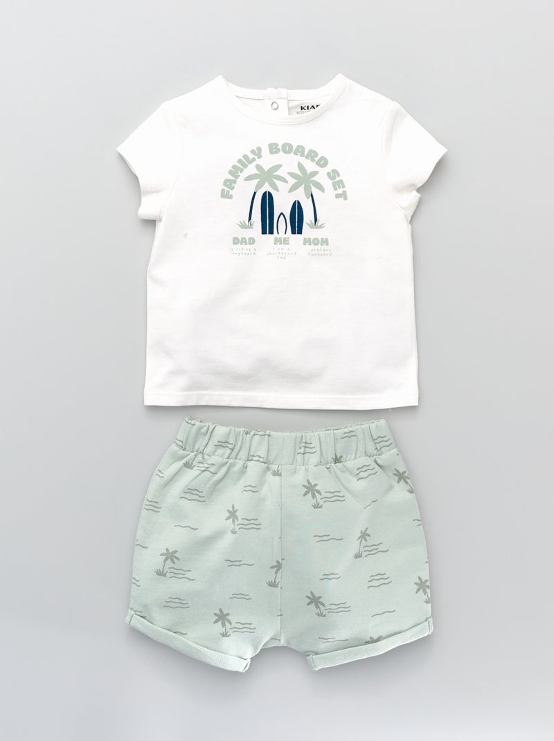 Ensemble t-shirt + short fantaisie Blanc/vert 'palmier' - Kiabi